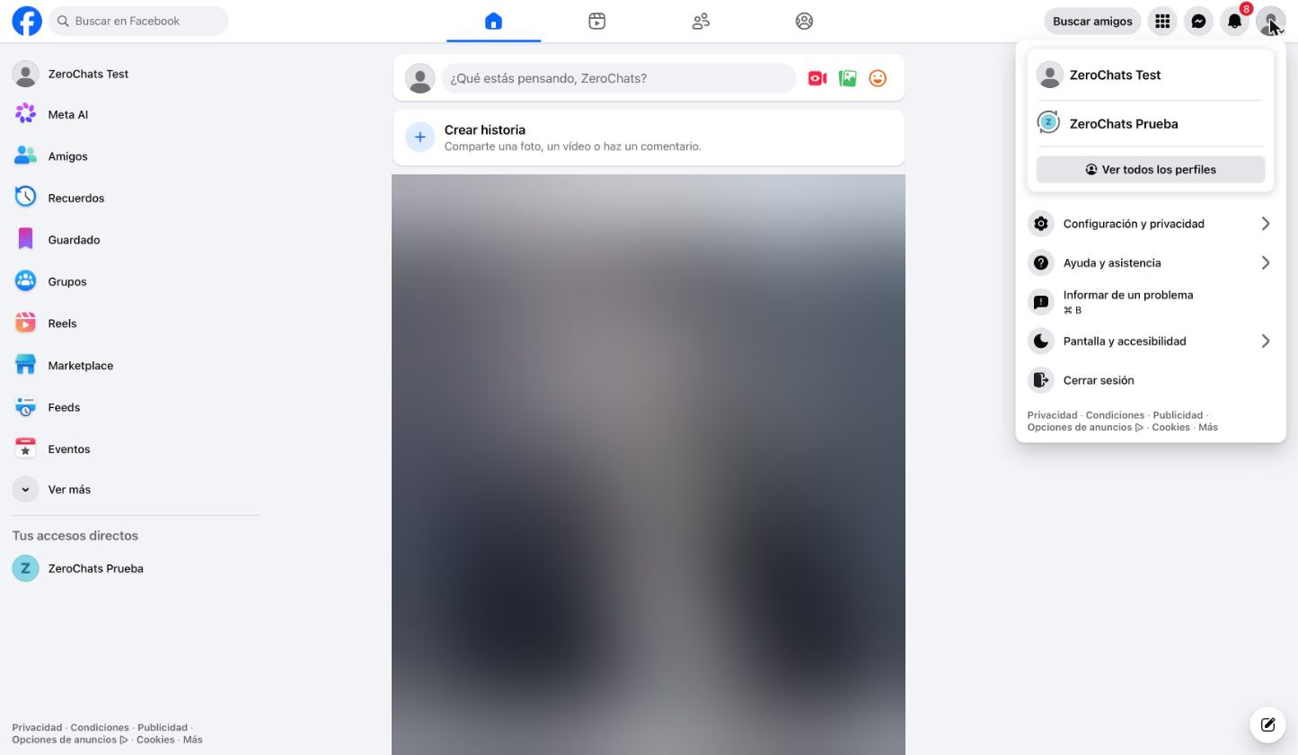 Menú de perfil con la página para cambiar a ella
