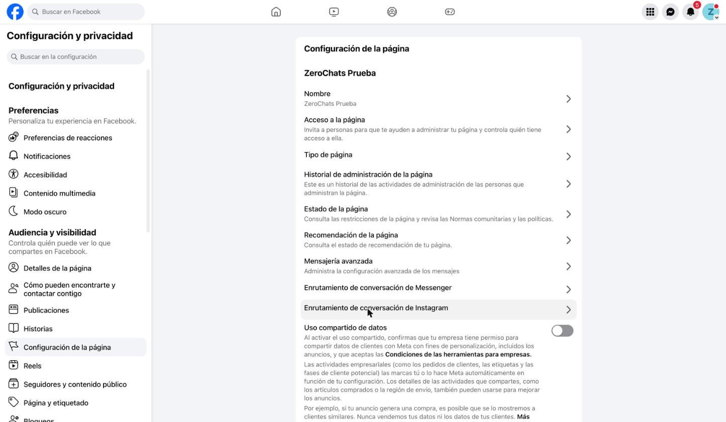 Configuración de la página con Enrutamiento de conversación de Instagram