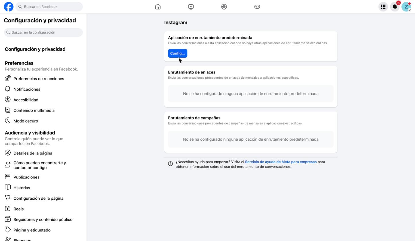 Enrutamiento de Instagram con el botón Configurar