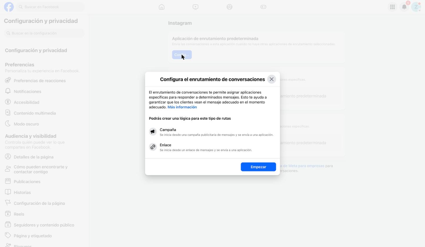 Ventana Configura el enrutamiento de conversaciones con el botón Empezar