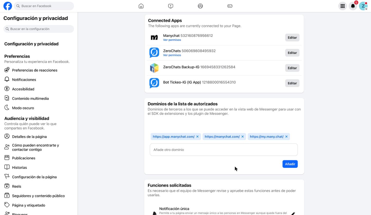 Apps conectadas: Manychat y ZeroChats con su botón Editar
