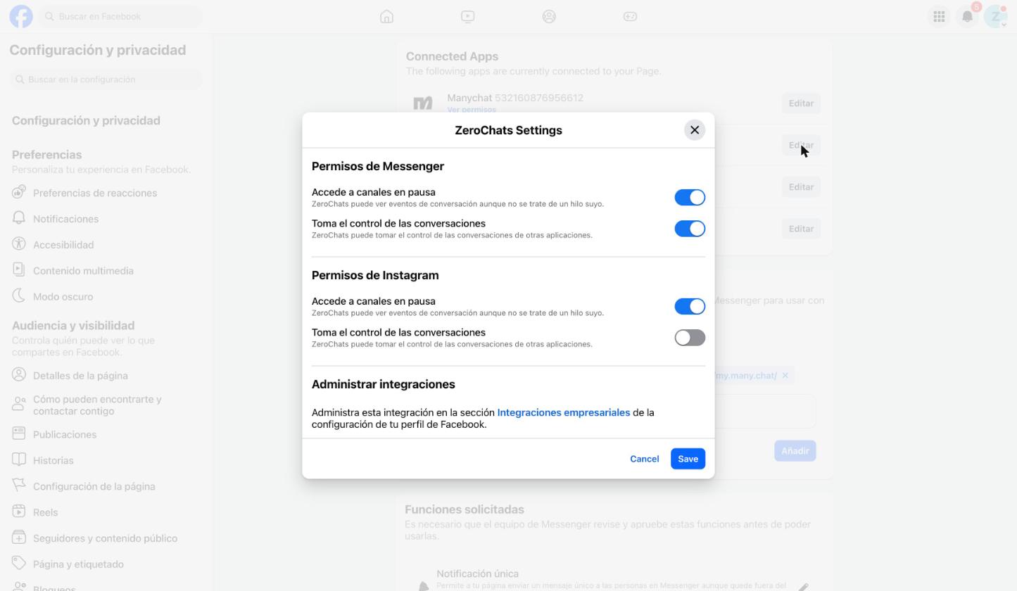 Ajustes de ZeroChats: bloque Permisos de Instagram