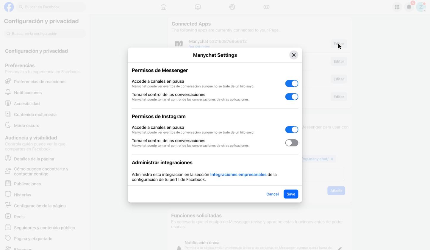 Ajustes de Manychat: Toma el control de las conversaciones desactivado