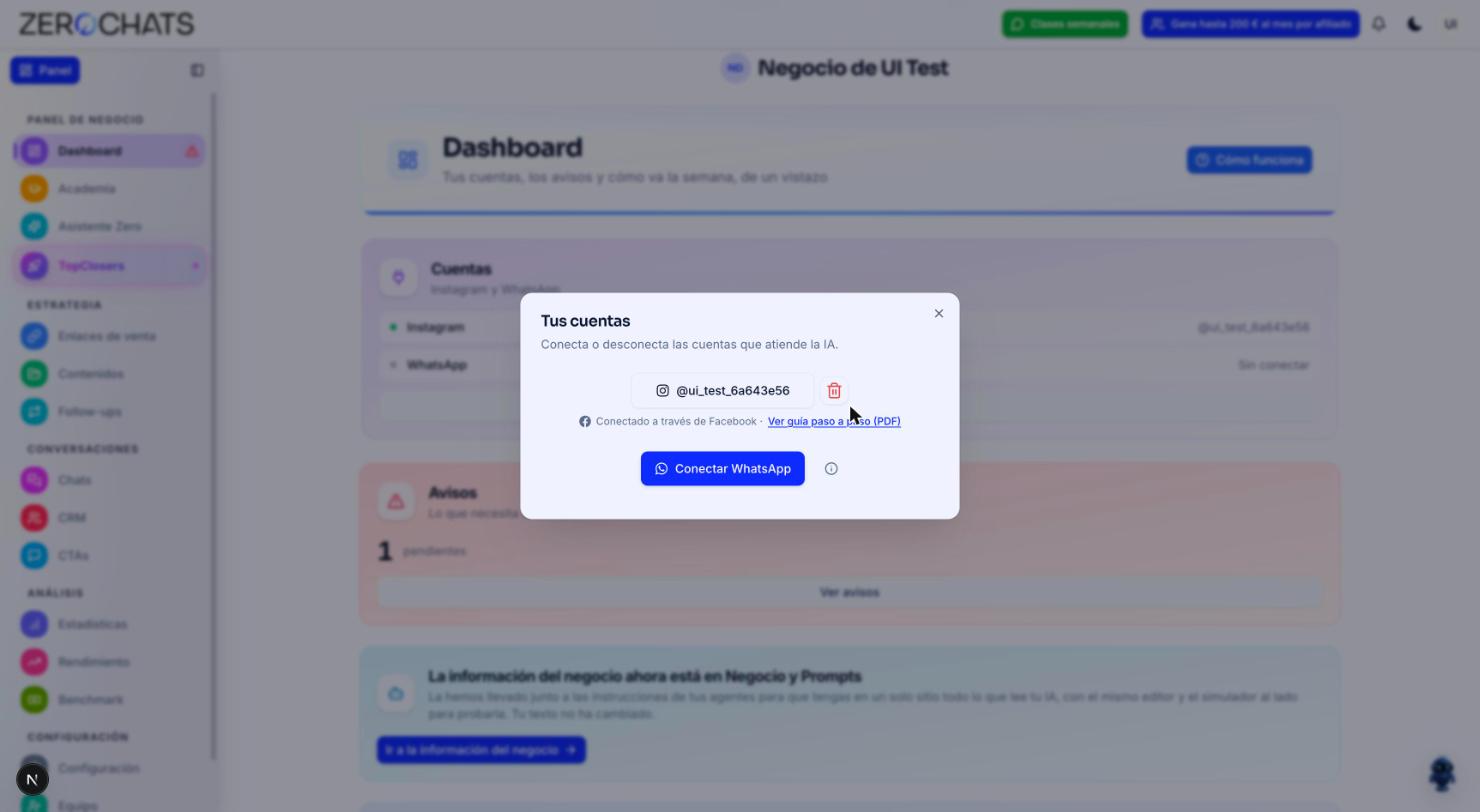 Ventana Tus cuentas con el icono de papelera junto a la cuenta de Instagram