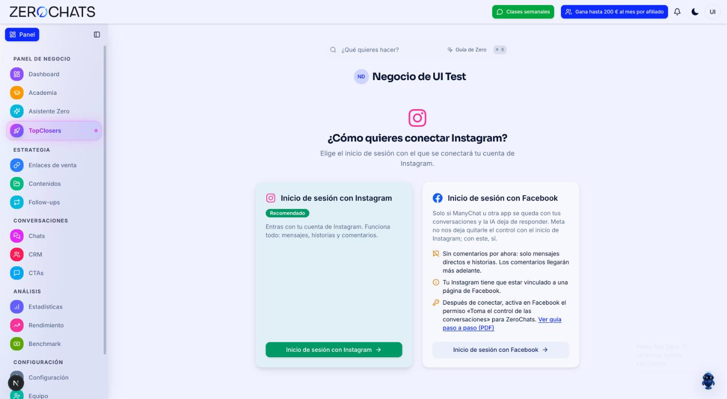 Pantalla para elegir entre Inicio de sesión con Instagram e Inicio de sesión con Facebook